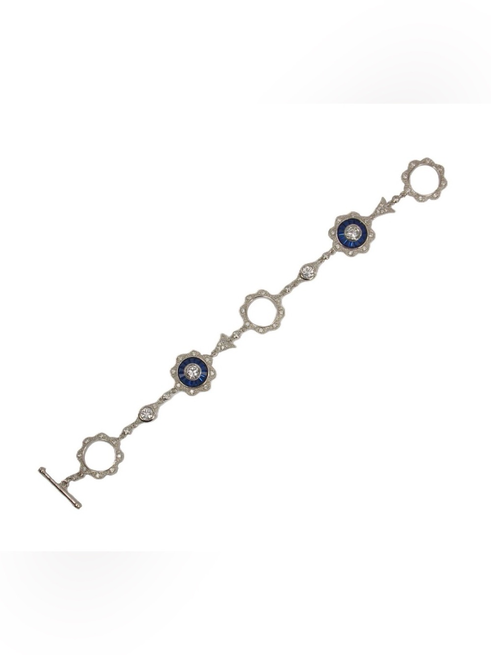 Blue and clear crystal bracelet with round flower links 7 inches elegant  New